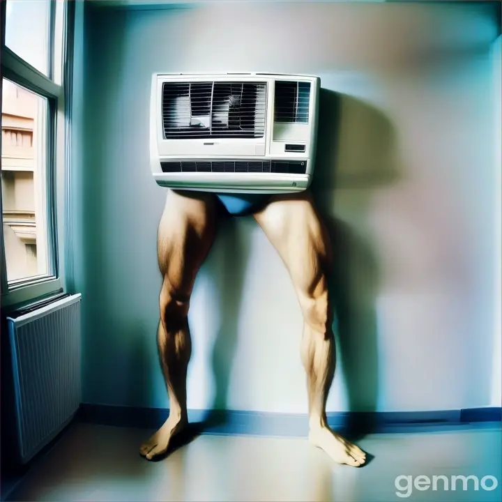 a man standing in front of a window with a air conditioner on his head