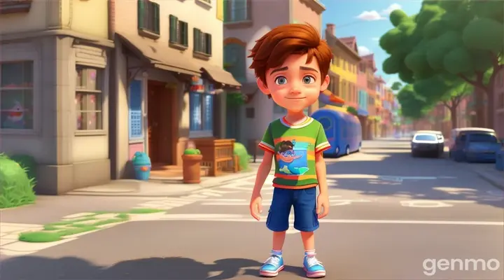 A young boy halt  in the street with a mocking look 3D cartoon