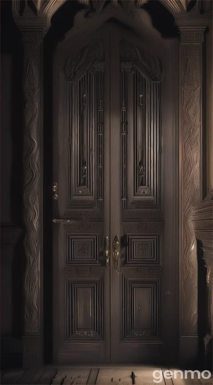 **The Mysterious Door Opening**: A mysterious, ancient door slowly creaking open in the dimly lit basement. The door is heavy, made of dark wood, and appears to lead to something unknown and ominous.