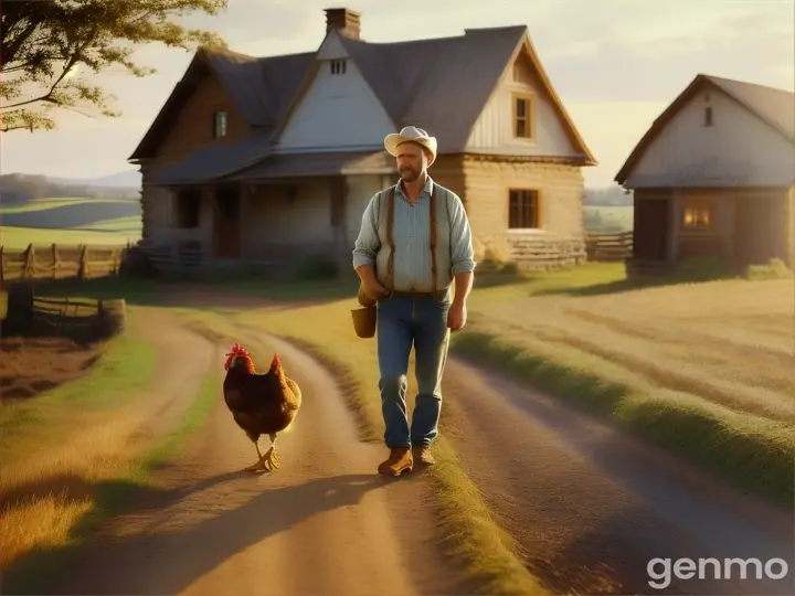 farmer arrives home, carrying the small, scruffy hen (Lucia) under his arm