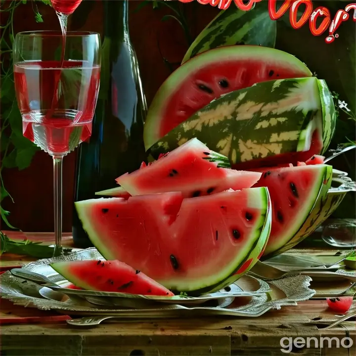 a plate of watermelon and a glass of wine