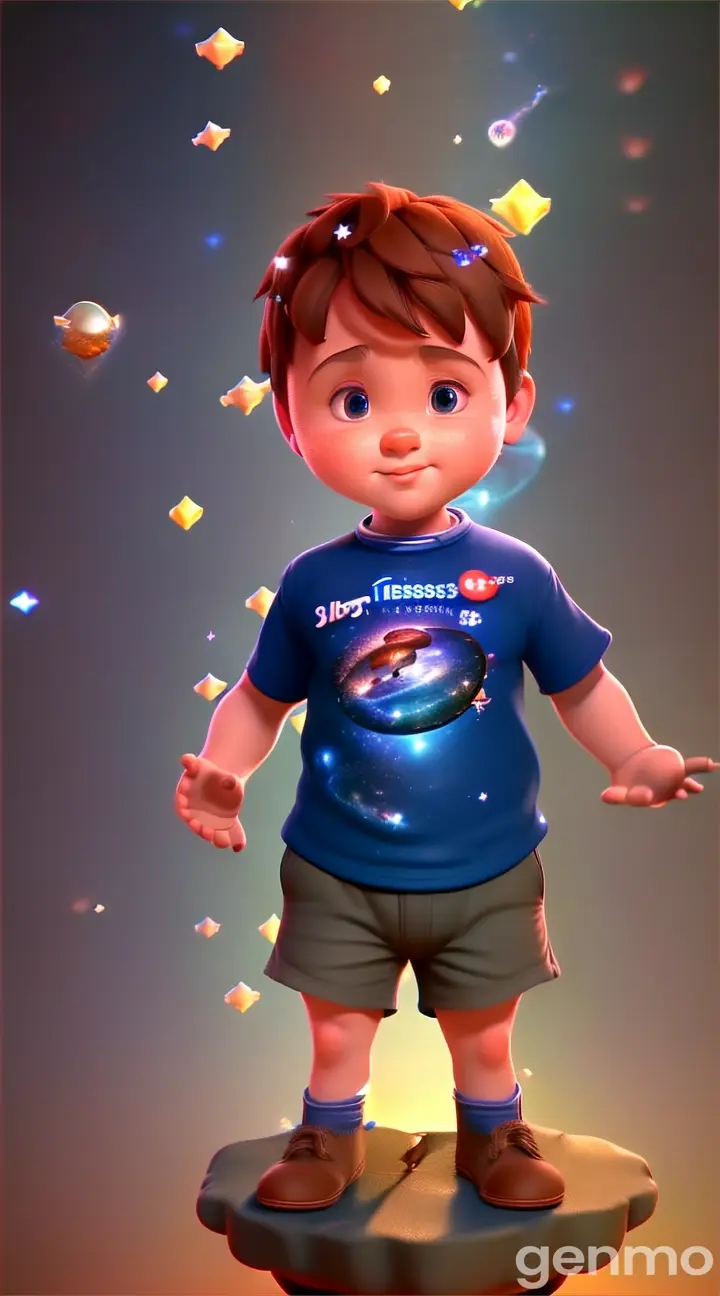 a little boy in a blue shirt standing on top of a table and make him look up at A Pixar style 3d realistic   big old man with a friendly face and  curly beard and long Einstein like curly hair wearing a purple robe that has texture of the galaxy with shining stars and a belt and brown shoes 