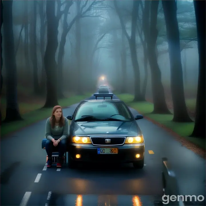 a woman sitting on a bench next to a car