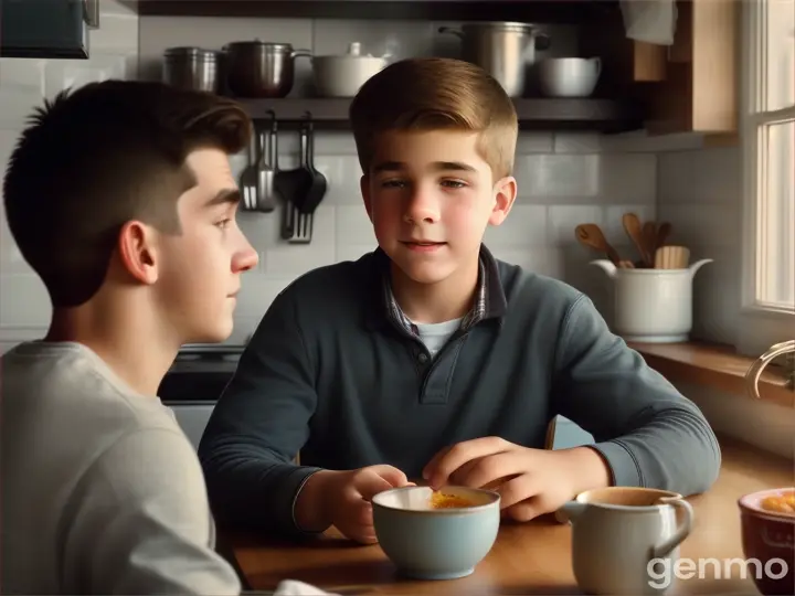 A young teenage boy talking to his father in the kitchen