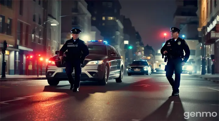 An urban street at night, dimly lit by streetlights casting long shadows on the pavement. The scene shows two stern police officers, dressed in full uniform, arresting a man in his mid-30s. The man, visibly anxious and resisting slightly, is being handcuffed. One officer is firmly holding the man's arm, while the other secures the handcuffs around his wrists. The man is dressed in a casual jacket and jeans, his face showing a mix of fear and anger. The police car, with its red and blue lights flashing, is parked nearby, illuminating the scene with a pulsating glow. The atmosphere is tense, with bystanders watching from a distance, and the sound of the police radio crackling in the background. The scene should emphasize the seriousness of the arrest and the controlled authority of the police officers."