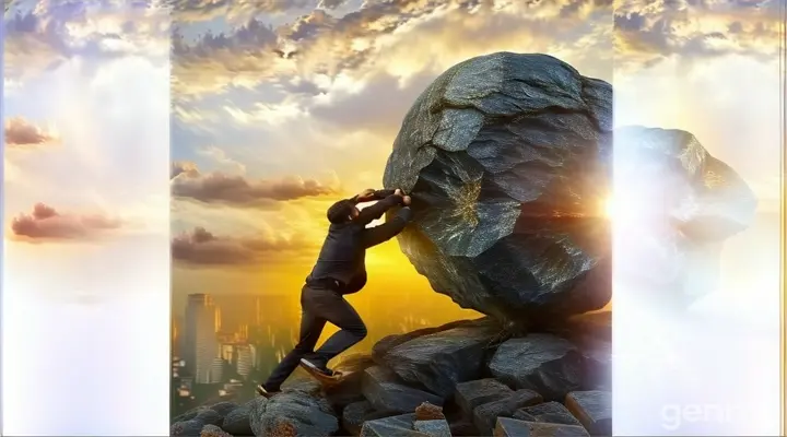 a man pushing a large rock up into the air