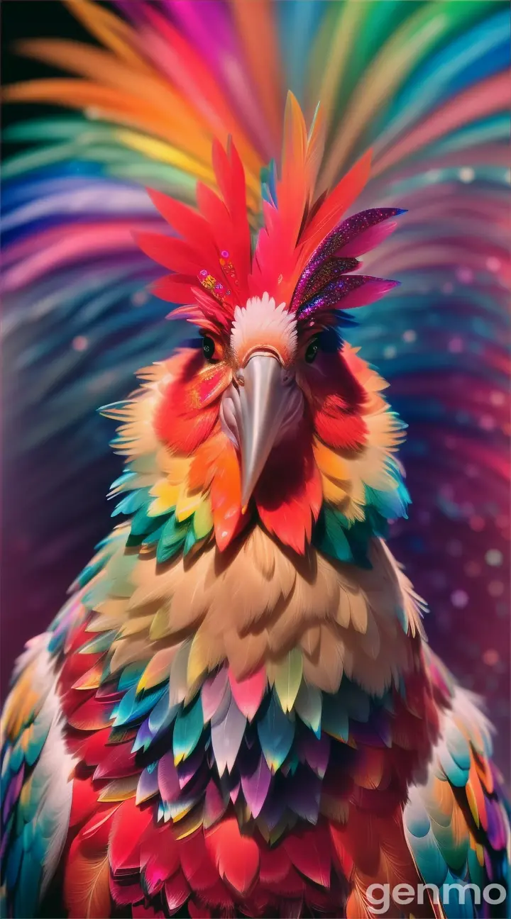 Rainbow little cute chicken, cute, beautiful, multicolored fractals, glitter, rainbow fractals, background cute bokeh 