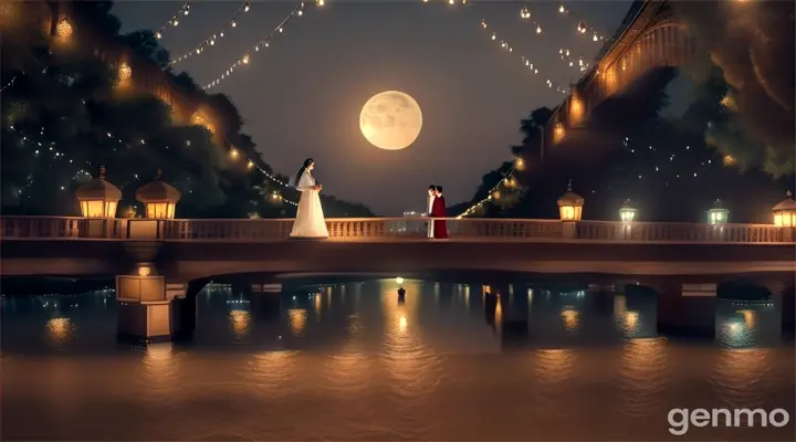 8k wide shot of a Pakistani couple standing on a bridge over a flowing river, with lanterns floating in the water below and a full moon shining above, creating a serene and romantic atmosphere.