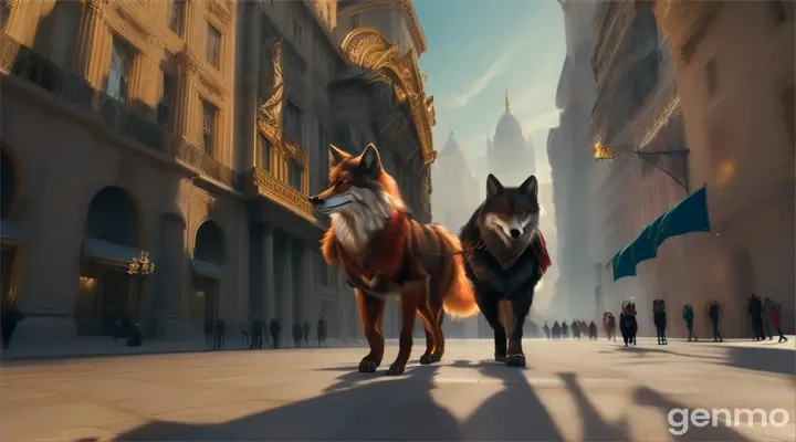 Muscular and strong wolf and fox walking like humans, dressed in luxurious rich clothing (Gucci, Nike), with very large buildings in the background. Они идут по дороге