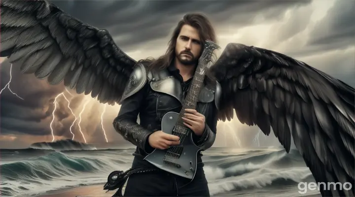 A winged heavy metal guitarist standing on a stormy beach, lightning illuminating waves crashing around him