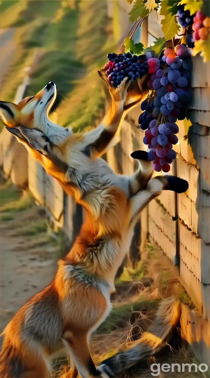 a fox reaching up to a bunch of grapes