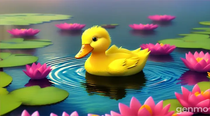 3d cartoon duckling in water flower