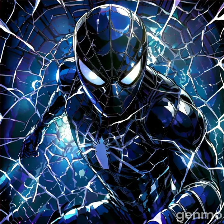 a spider - man in a black suit with a lightning background