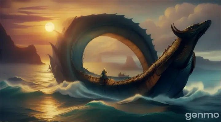 Narrator: "The sea serpent, protector of the Vanishing Island, had one demand: 'Solve the riddle... or be devoured!'"

(The crew frantically studies the scroll, the serpent's eyes glowing menacingly)

Mia (thinking quickly): "The riddle says... 'Where the sun kisses the moon, there lies the path to your doom.'"

Zane (with determination): "It must be a reference to an eclipse!"

Narrator: "As the serpent loomed closer, its jaws wide open... (pause) ...the sun began to set."

(The camera shows the sun aligning with the moon, casting a shadow over the ship)

Narrator: "The moment of truth had arrived. Would the riddle save them... or seal their fate?"

(The music builds to a crescendo as the eclipse completes, and the serpent hesitates)

