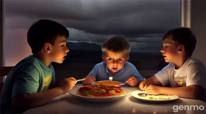 As the husband and wife and their son sat down to eat, the sky became extremely overcast.  Then there's lightning.  came down on the boy