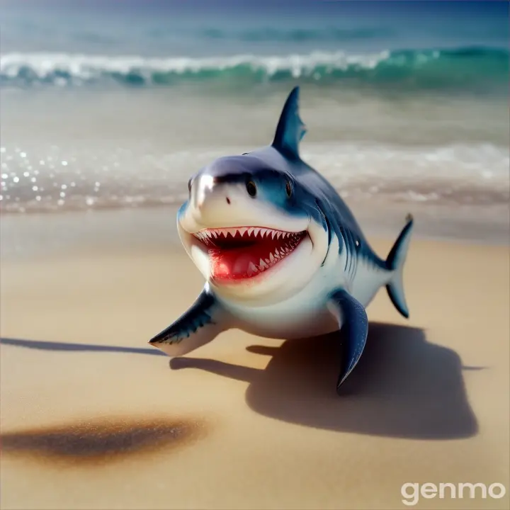 Very Cute very tiny shark dancing and smiling in sea shore 