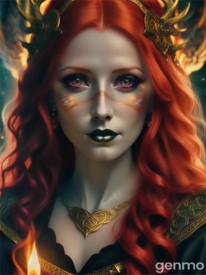 A beautiful goth woman Brígid goddess of the sacred flame, red hair, gold eyes, ethereal, otherworldly