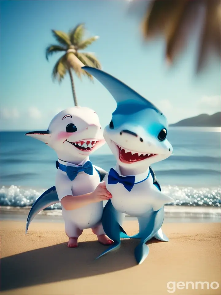 A Very Cute very funny little tiny shark with funny cute mommy shark dancing and smiling in sea shore 