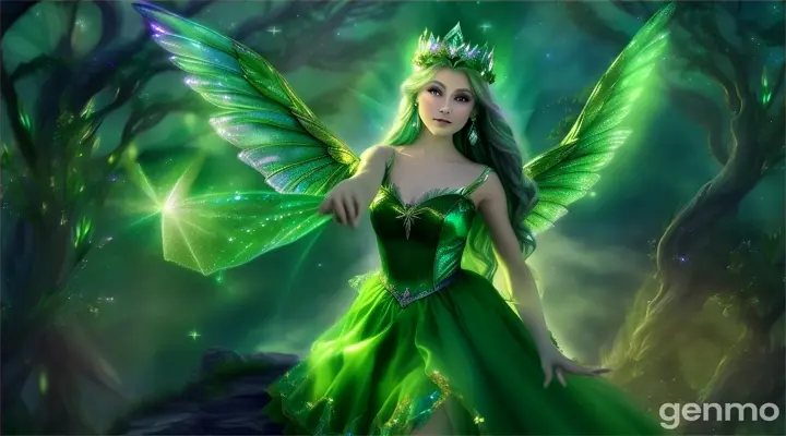 creation of  a green fairy queen  Glimmer with shimmering wings in moonlit  or full green  dress, fluttered her wings and sprinkled a trail of magic dust into the air.16:9