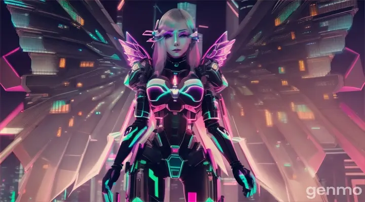 A futuristic goddess with cyberpunk aesthetic, flaunting semi-translucent wings towering above her shadowy city realm