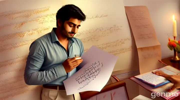 Shot 3:
Medium shot of Arjun receiving a letter from a loved one (Ishita). The letter is filled with heartfelt messages and sketches of their past together