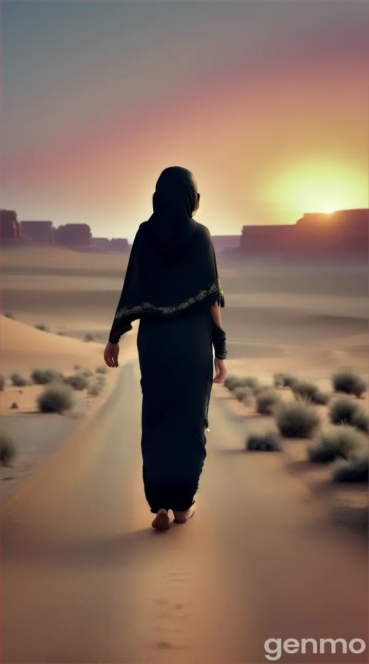 A monkey is wearing black saree a and walking sadly in the desert