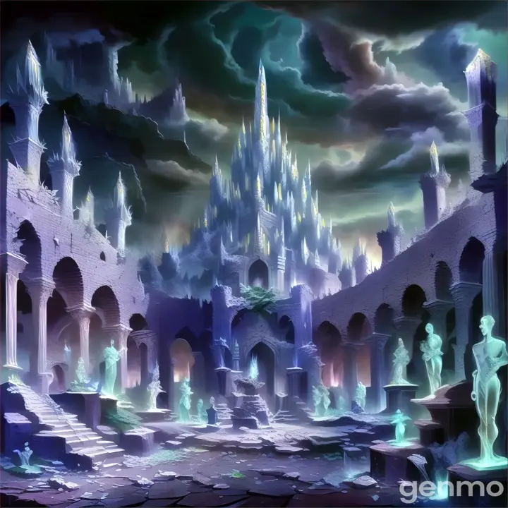 a fantasy scene of a castle with statues