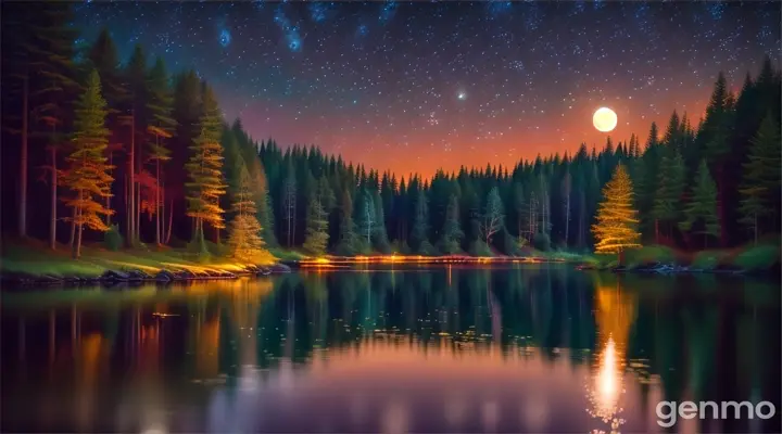 create beautiful Calm forest at night with a glowing moon and twinkling stars.
