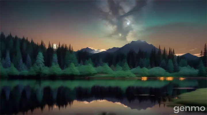 create beautiful Nighttime in the forest with soft moonlight and distant mountains.