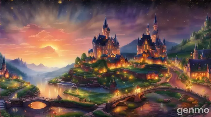 create fantasy beautiful image of A peaceful village under a starry sky with warm, glowing windows.