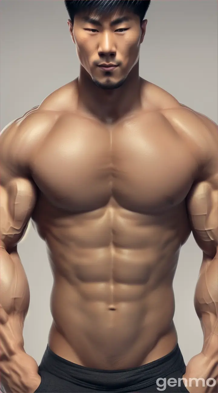 A handsome China fleshy young man(bodybuilding_30), topless,muscular, very fit, handsome in appearance, slightly fat, burly and strong, tall and powerful, muscular, with very full chest muscles and obvious abdominal muscles.can see abdominal muscles and chest muscles