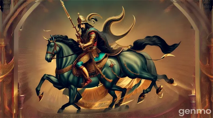 "Create a dramatic illustration of Prince Hoshang, the Iranian prince, triumphantly defeating and killing the terrifying Ahriman.