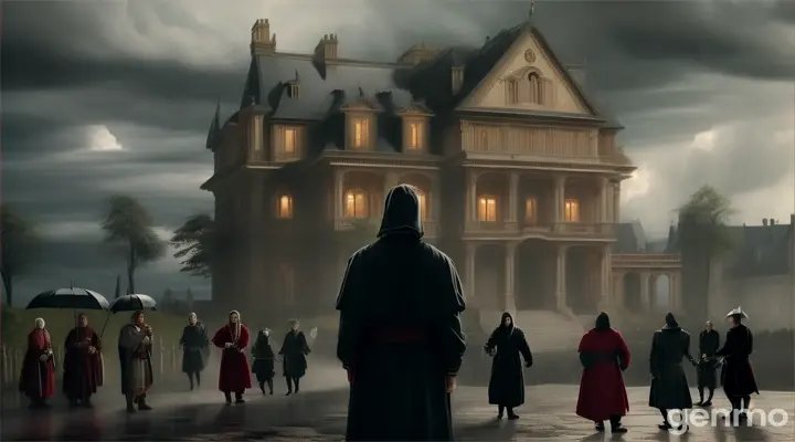 A flashback scene showing a rich, cruel landlord in traditional attire, surrounded by frightened villagers. The mansion looks new and grand, with an ominous aura around it. Dark clouds gather above, hinting at the impending doom.