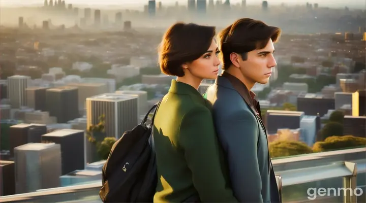 Tall short haired brunette man and brown eyed brunette girl with straight hair blowing in the wind standing on top of skyscraper and looking into the distance green tree covered hilly morning city skyline. High detail. Large lens. 16:8