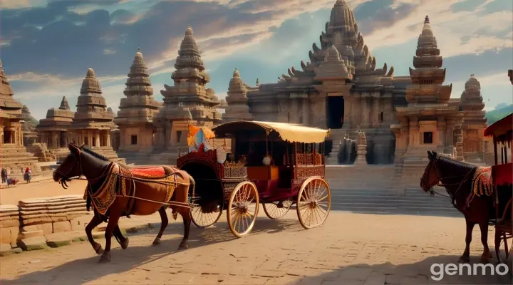 Bullock cart passing in front of ancient temples, with intricate stone carvings and vibrant patterns