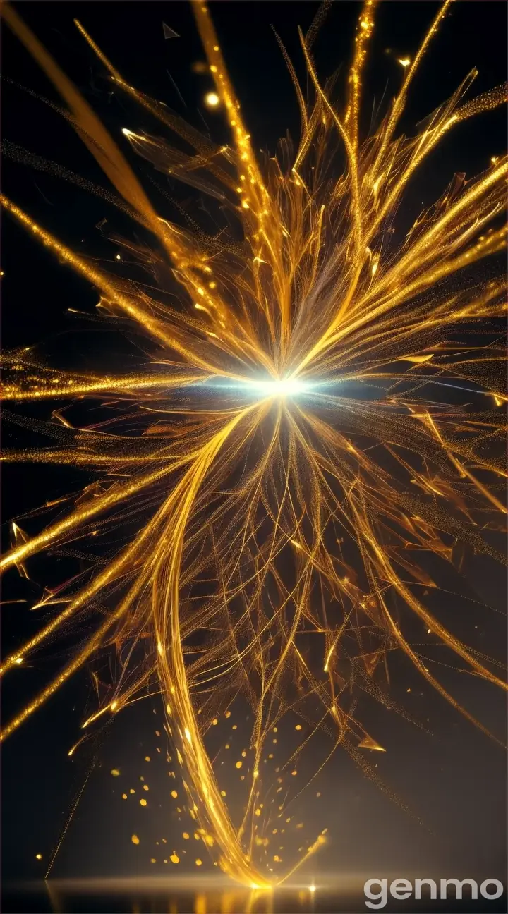 golden particles collision closeup, low key, rim lighting,black background