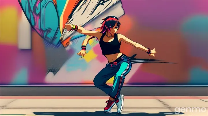 Dancing girl in hip hop style, anime, graffiti background