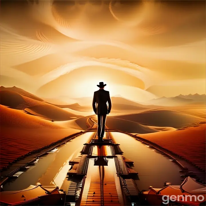 a man standing on a train track in the middle of a desert. animate the walking man