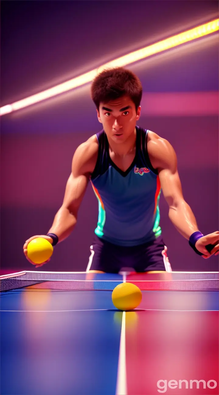 Athletes play ping pong with fluorescent balls