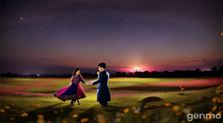 8k wide shot: A young Pakistani couple in modern outfits playfully interacts in a moonlit meadow. Flowers and butterflies flutter around them as they laugh and enjoy the serene nighttime ambiance.