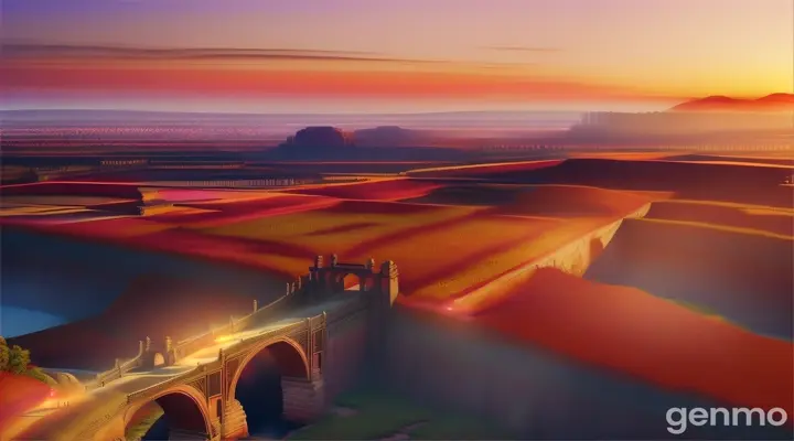 An ancient fenced city at sunset, with vibrant orange, pink and red hues in the sky