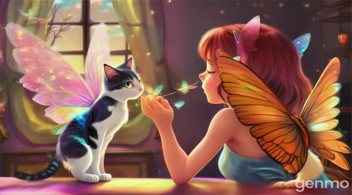 16;9 cartoon scene    little fairy sparkling wings in room playing with cat