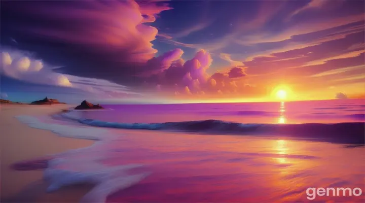 Otherworldly sunset on a beach with purple sand, surreal beauty, digital art