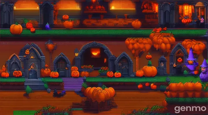 an old - school computer game with black cats pumpkins and witches