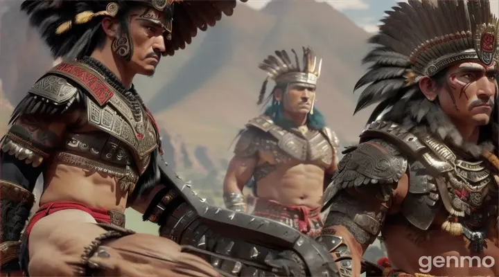 It depicts a group of Aztec warriors from the Pre-Columbian Age, displaying their traditional armor and weapons. The warriors should be muscular and robust, with expressions of determination and bravery. They wear crowns of bronze exotic bird plumage that are conical or round in shape, often adorned with small crests or horns. Their armor consists of leather breastplates, and they carry round wooden shields. Some warriors are equipped with chain mail or padded linen armor for additional protection. They wield a variety of weapons, including long spears, short swords, and curved daggers. Some carry double-edged battle axes or hammers. Their footwear is made of sandals or sturdy leather boots, suitable for the rocky terrain of the mountains of Mexico. The scene should capture them in a dynamic pose, either preparing for battle or in the midst of combat, with a rugged, mountainous landscape in the background. “It includes details such as tattoos or war paint on their arms and faces, and decorative elements such as animal motifs engraved on their armour and weapons. The overall atmosphere should be intense and harsh, reflecting the fierce and warlike nature of the Illyrians.”