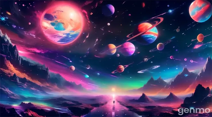 a painting of a space scene with planets