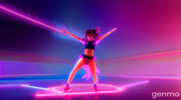 Create a beautiful video for my upbeat energetic song, with a girl dancing jumping on dance floor, animated 3d anime fast dance, should be perfect and prominent with stunning effects, vfx, should be very unique in blue  magenta colours, neon lighting, masterpiece artwork, very modern, tech”