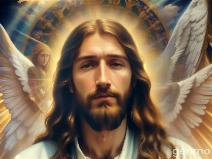 Jesus at the second coming with his angels in heaven