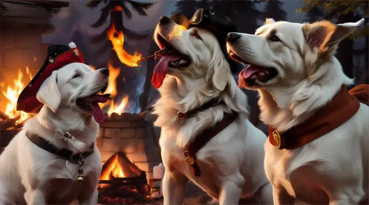 3 white bare dogs around a campfire. A bare white pirate dog wearing a hat and a patch over one eye, with a bone in his teeth in profile