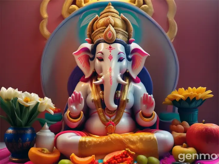 Ganesha Pooja
Scene: An image of a Ganesha idol with traditional decorations.
Image: Women or a priest offering flowers and fruits to Lord Ganesha.